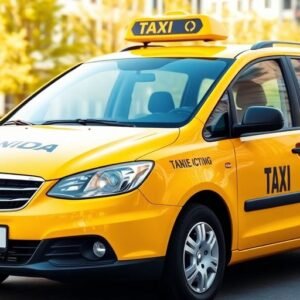 Taxi moderne à louer dans une ville animée.