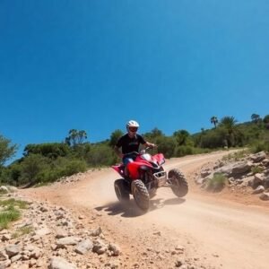 Véhicule tout-terrain sur un chemin accidenté.