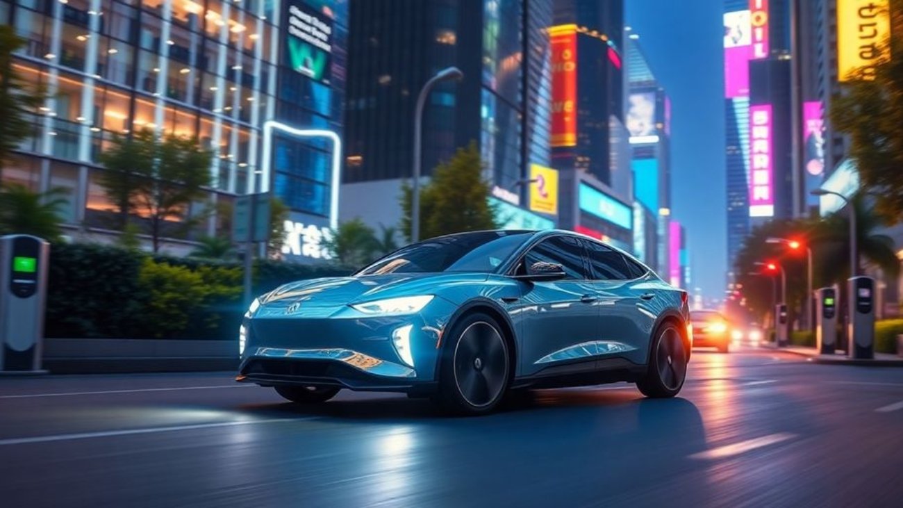 Voiture électrique moderne dans une ville éclairée.