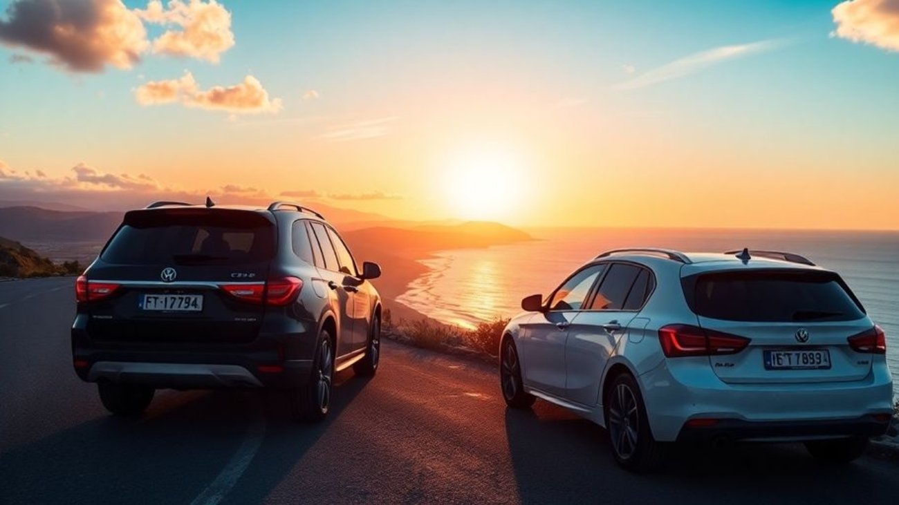 Voiture de location sur une route côtière au coucher du soleil.