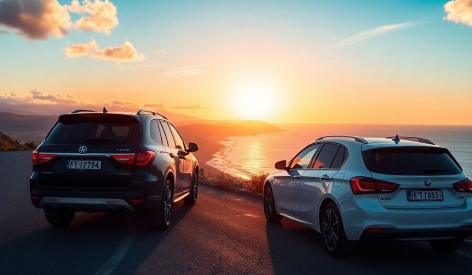 Voiture de location sur une route côtière au coucher du soleil.